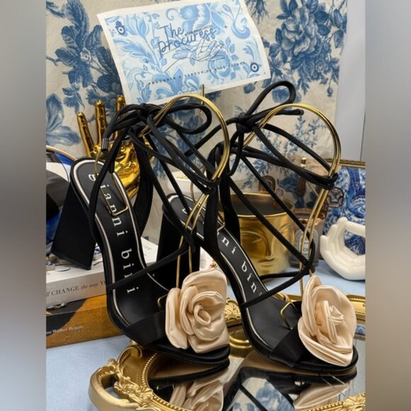 🆕 GIANNI BINI 🧿 NWOB Dakota Satin Flower Wrap Around Sandals, Black - Sz 8M - Picture 7 of 16